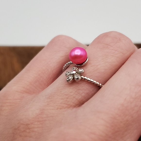 Size 8 925 Sterling Silver Pink Genuine Pearl And Flower CZ Gem Ring - Picture 3 of 8